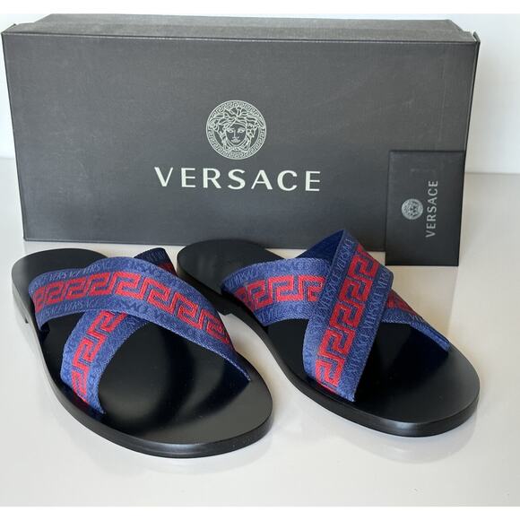 NIB Versace Greca Crisscross Blue/Red Slides Sandals 8.5 US (41.5 Euro) 1006273 - Picture 10 of 12